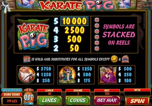 Игровой автомат Karate Pig - таблица выплат Таблица выплат в игровом автомате Karate Pig