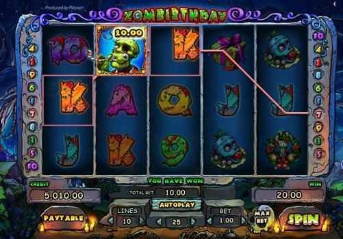 Онлайн автомат Zombirthday - выигрышная комбинация с диким знаком Выигрышная комбинация с диким знаком в онлайн автомате Zombirthday